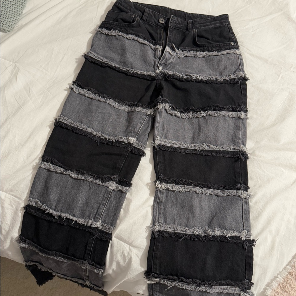 Black and Gray Frayed Flare Jeans